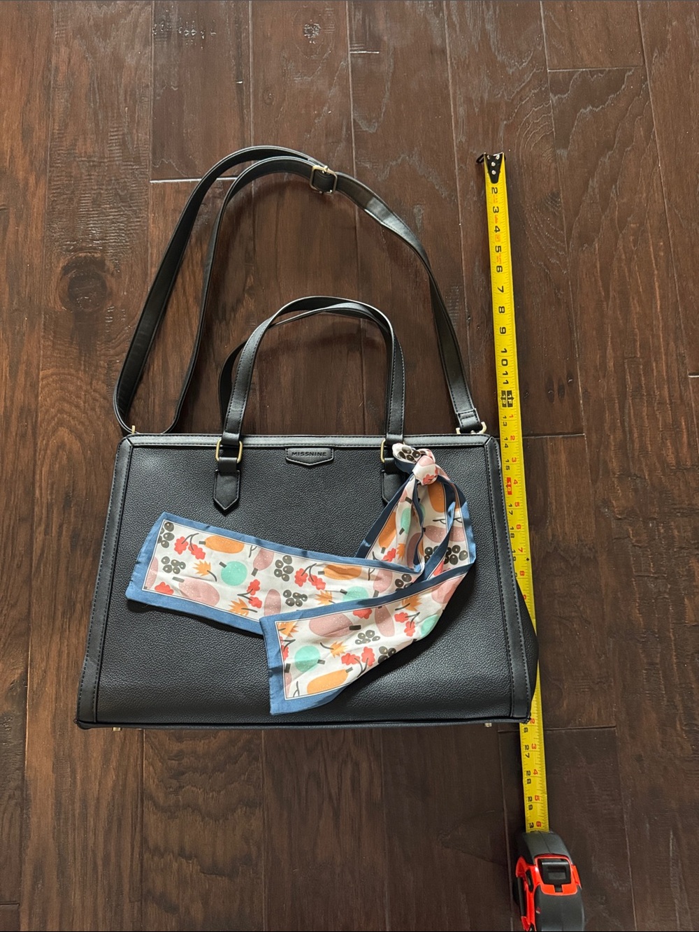 Black Structured Laptop Tote with Floral Accent Scarf - Picture 5 of 8